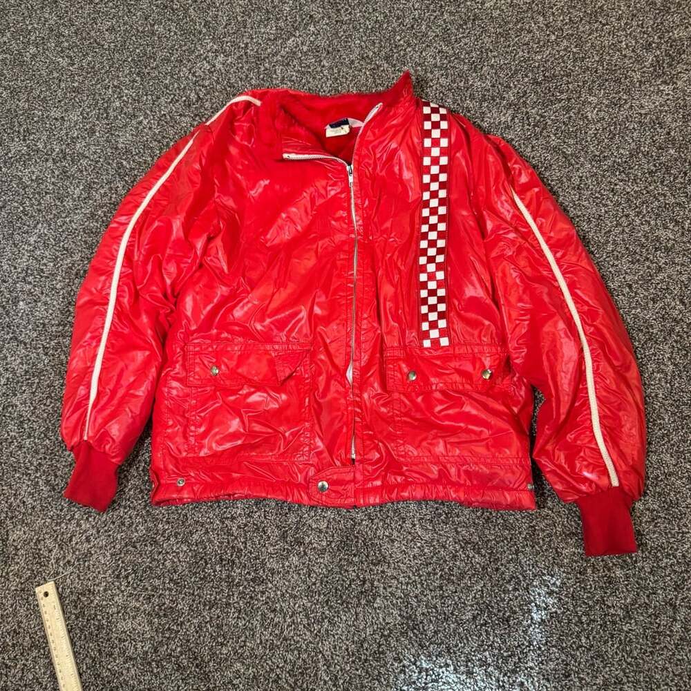 Vintage racing Red Puffer Jacket With Checkerboard Trim